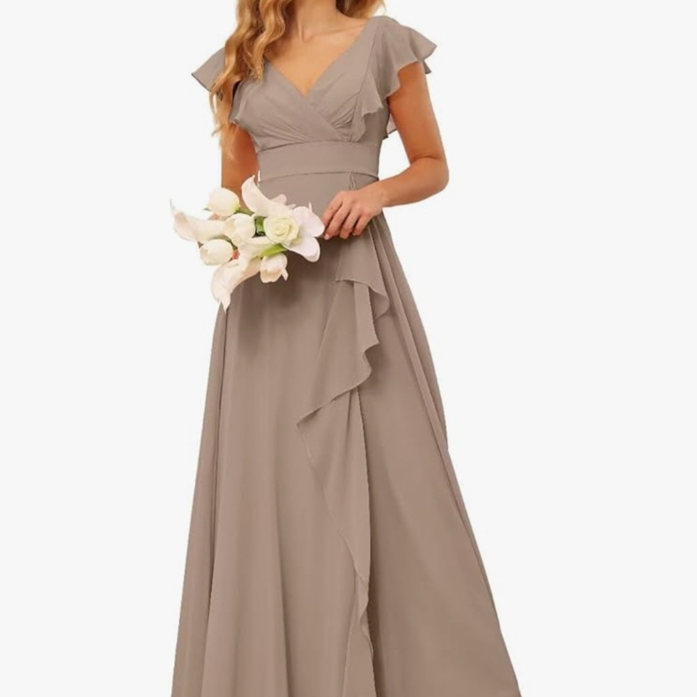 Flutter Sleeve Taupe Wrap V-Neck Bridesmaid Dress